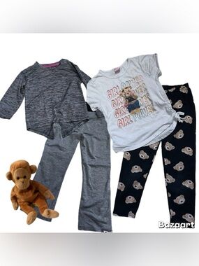 5Pc Sz 6 Girls Outfits Teddy Bear Girl Power Gray Shirt With Flare Pants Monkey
